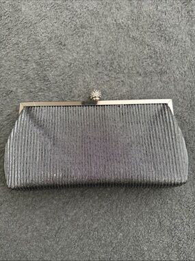 Nina Silver Metallic Evening Clutch with Crystal Kiss Lock